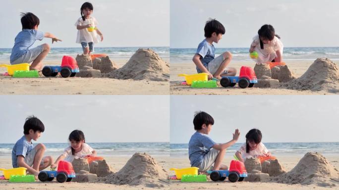 给我击掌。男孩在夏天的沙滩上一起玩沙玩具时，向4岁的女孩举手的幸福成功。爱，温柔，快乐，幸福，可持续