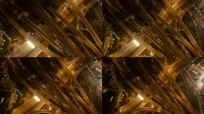 夜间无人机对城市立交桥的垂直鸟瞰图