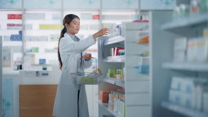 药店药店: 美丽的亚洲药师做库存，整理药包、药品、维生素、保健品上架。制药商店的专业药剂师