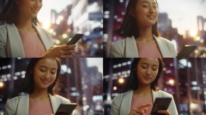 一位迷人的日本女性穿着漂亮的休闲服，在日落时在城市使用智能手机的特写肖像。时尚的女人在网上与人联系，
