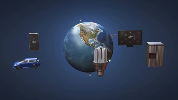 地球网络连接移动、汽车、节能灯泡、洗衣机、冰箱、智能家居设备、物联网。