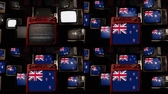 新西兰国旗和老式电视。4k分辨率。