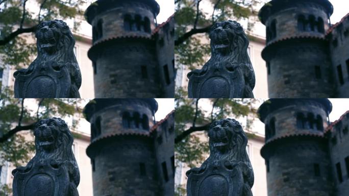 捷克布拉格犹太公墓的狮子雕像。特写。