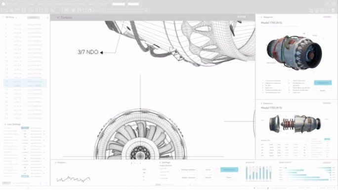 用现代电动绿色能源喷气发动机的蓝图和3D模型模拟专业cad计算机软件的光接口模板。带测量的涡轮详细草