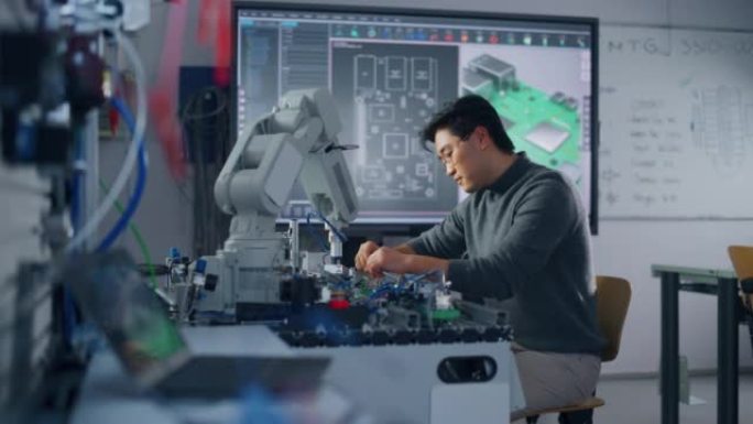 亚洲男性工程师坐在桌旁，使用机器人手和工程技术; 转身看着相机。机器人在他的控制下移动。教育和机器人