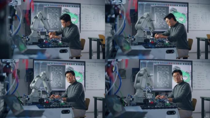 亚洲男性工程师坐在桌旁，使用机器人手和工程技术; 转身看着相机。机器人在他的控制下移动。教育和机器人