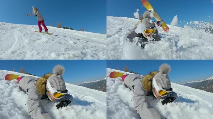 特写: 年轻女士在下雪的滑雪场上滑雪时掉入柔软的雪中