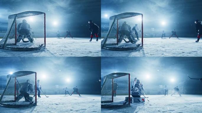 溜冰场的冰上曲棍球比赛: 打打，用棍子射击冰球的前锋球员，守门员抓住冰球。戏剧性的时刻前锋对抗守门员
