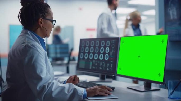 医院研究实验室: 黑人女性医学生物技术科学家，研究绿屏色度键计算机，并提供脑部扫描MRI图像。背景: