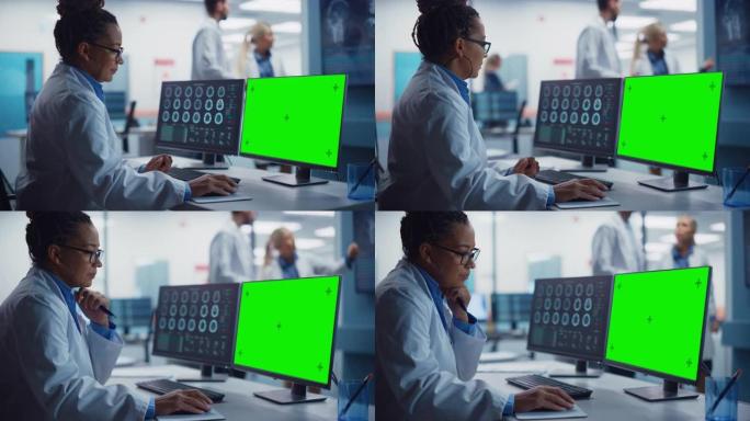 医院研究实验室: 黑人女性医学生物技术科学家，研究绿屏色度键计算机，并提供脑部扫描MRI图像。背景: