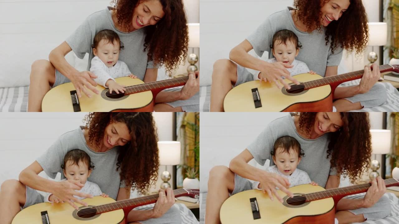 吉他，女人和婴儿在家里玩耍和学习，以获得乐趣和发展，充满爱心和快乐。母亲，父母和小女婴与音乐课的乐器