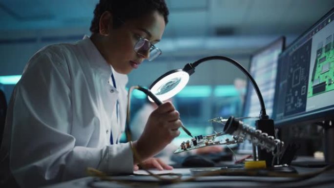 现代电子设施: 美丽的黑人女科学家，工程师做印刷Curcuit主板焊接。工业PCB、硅微芯片、半导体
