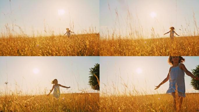 SLO MO小女孩在黄金时段在草地上奔跑