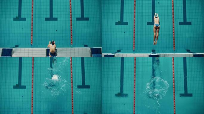 空中俯视图: 美丽的女游泳运动员在游泳池潜水。职业运动员优雅地跳跃。决心赢得冠军的人训练。具有时尚色