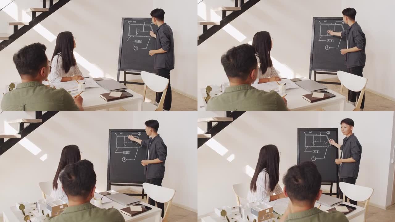 亚洲工程师在黑板上绘制施工方案