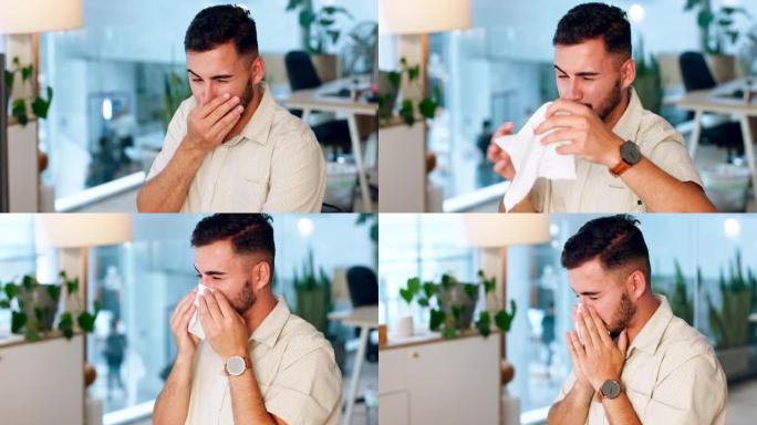 生病，covid和男人在工作办公室用带有病毒，感冒或流感的组织打喷嚏。在初创公司的工作空间中工作时过