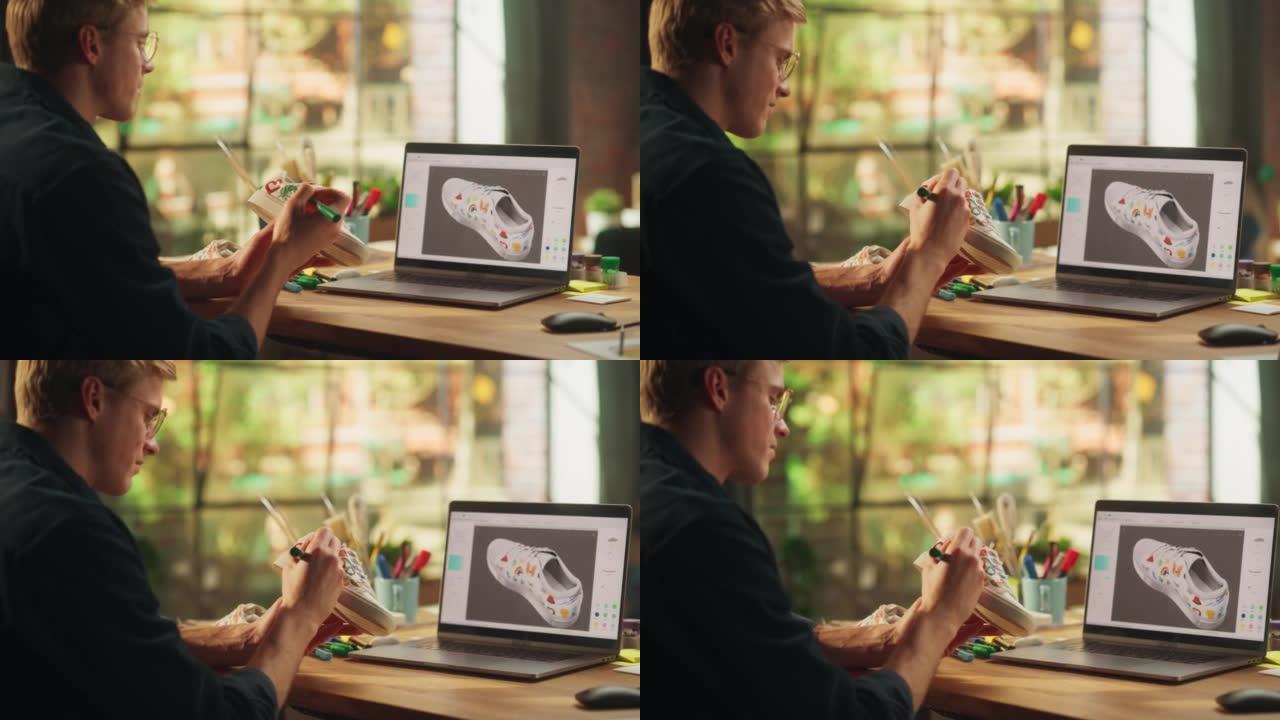 灵感来自金发男子创造定制的鞋子模型，同时在他的笔记本电脑上看3D原型。艺术和DIY对象概念。超过肩膀