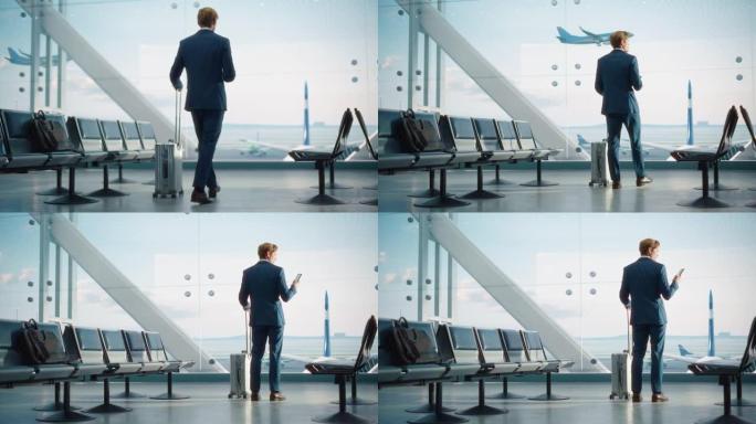 机场航站楼: 带滚动行李箱的商人，使用智能手机应用程序进行互联网电子商务。旅行企业家在航空枢纽的登机