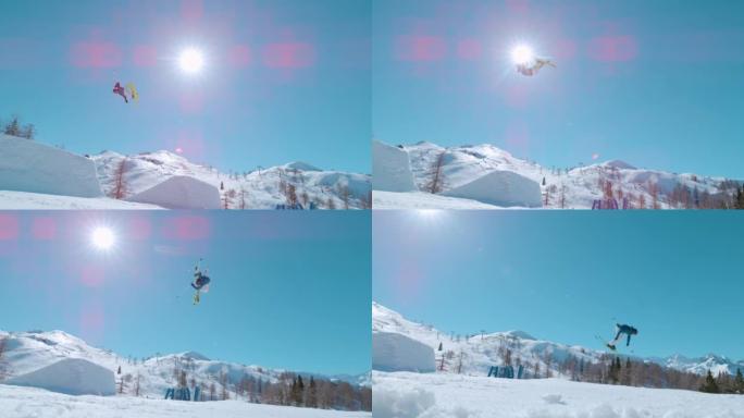 慢动作: 自由式滑雪者在跳跃大型空中踢脚时执行抓斗技巧