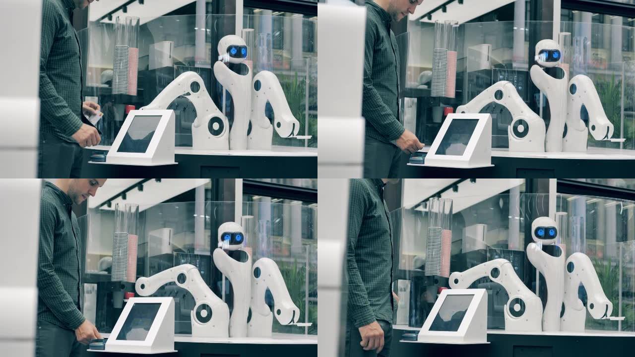 未来派机器人，创新科技理念。机械机器人在咖啡馆里等客户
