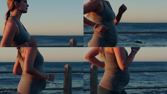孕妇在海滩上跑步进行健身训练，有氧运动或夏季在夏威夷锻炼。体育、怀孕或孕妇健康运动员流媒体播客、广播