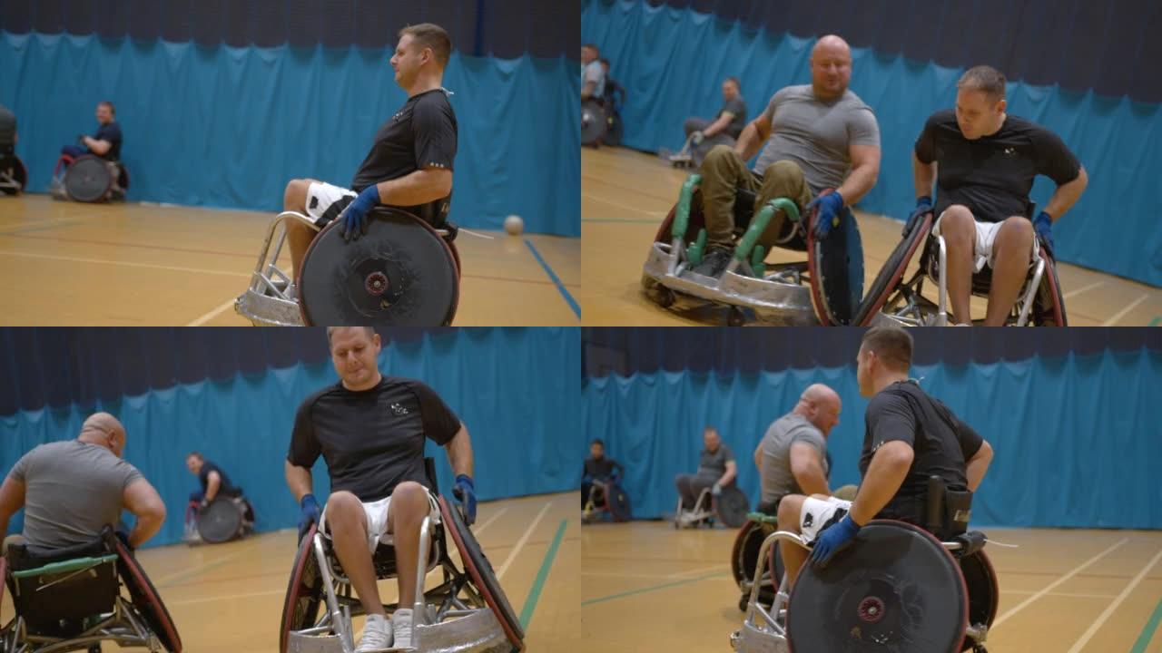 对付对方团队残疾人运动会轮椅上比赛体育精