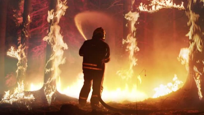 专业消防员扑灭森林大火的大，高优先级部分。高技能的火线消防员在挑战偏远地区工作，火焰到达树梢。