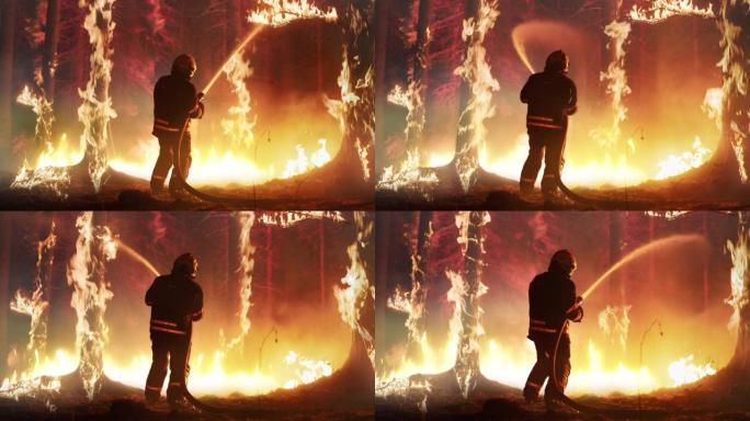 专业消防员扑灭森林大火的大，高优先级部分。高技能的火线消防员在挑战偏远地区工作，火焰到达树梢。