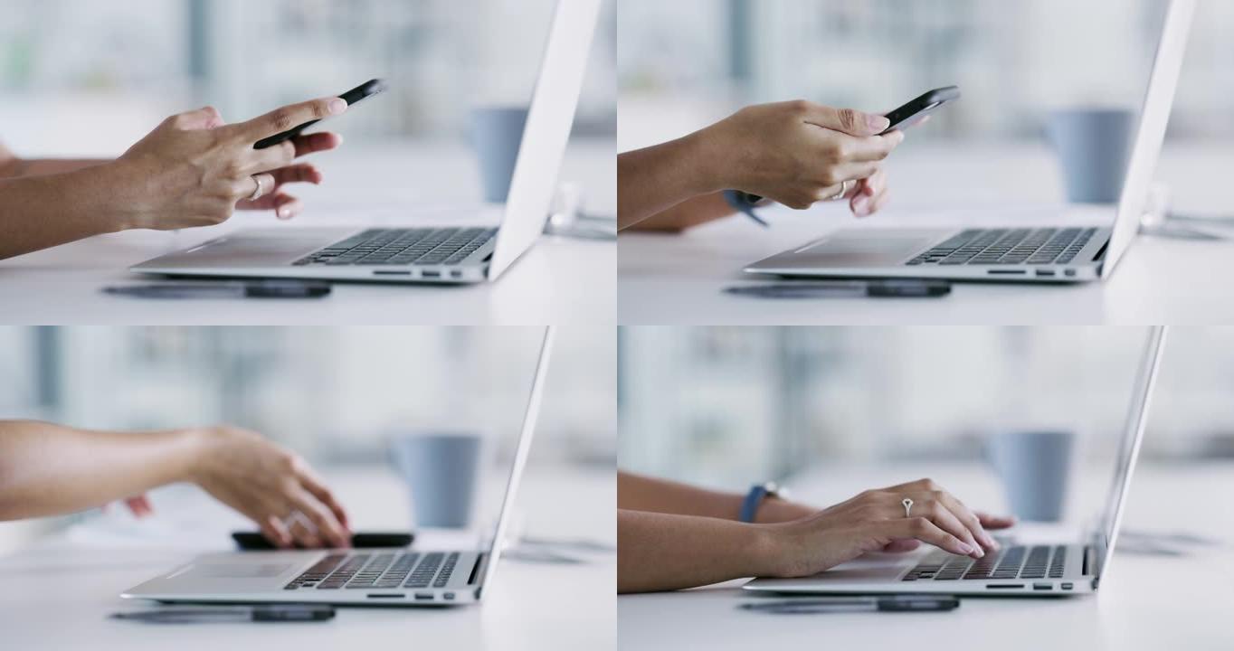 一名年轻女子坐在办公桌前使用手机和笔记本电脑的4k视频片段