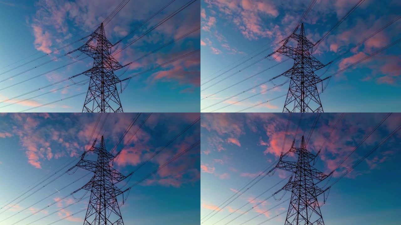在蓝色时刻，一座强大的输电塔上的H/L云景