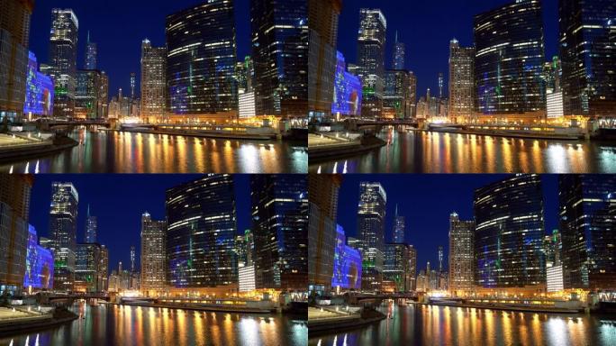 黄昏日落之夜的芝加哥天际线摩天大楼。商业与现代建筑概念