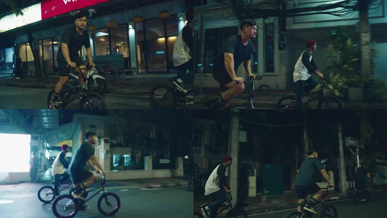 一群十几岁的朋友游客在街上骑自行车。
