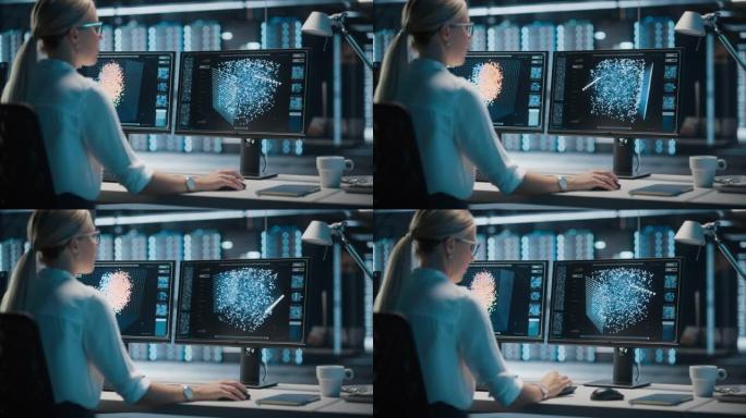 高科技数据中心服务器控制: IT专家管理员在计算机上工作，屏幕显示正在推进的大数据AI分析。网络服务