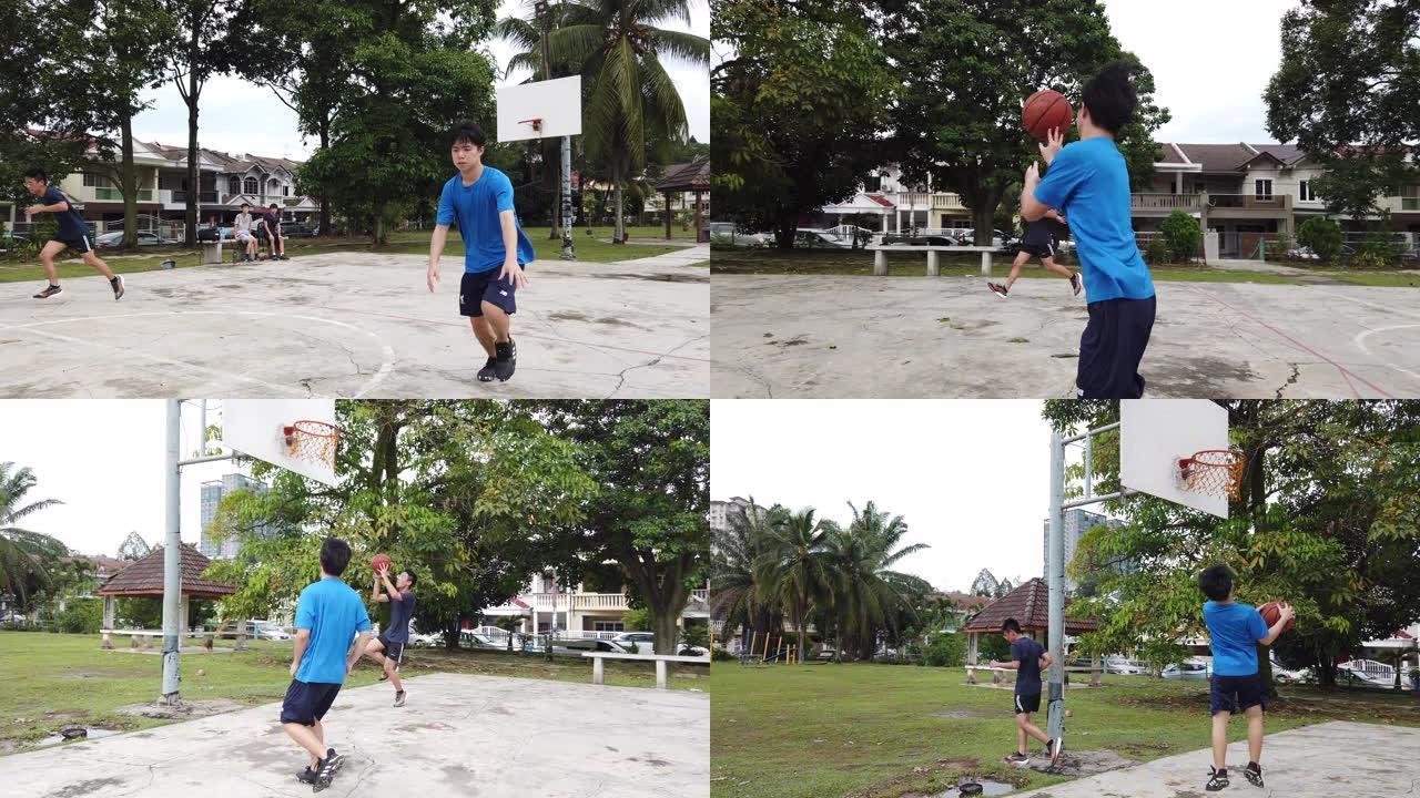 两名亚裔华裔少年放学后在篮球场打篮球及练习篮球