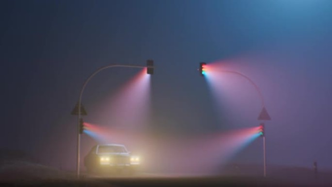 一辆汽车在高速公路上穿过雾气，被三个交通信号灯发出的光照亮。薄雾笼罩着道路，当汽车驶过昏暗的环境时，