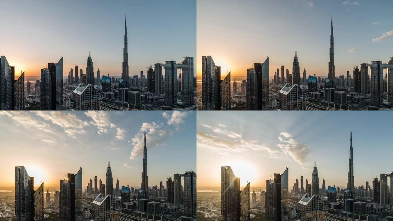 迪拜天际线日出时的T/L平底锅鸟瞰图/迪拜，阿联酋