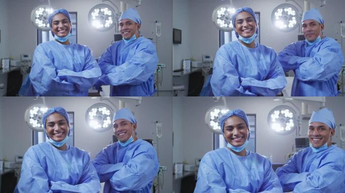 手术室中戴着低口罩的男女外科医生的肖像