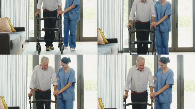 一个年长的男人使用助行器，并在成熟护士的帮助下行走。护士帮助老人使用助行器