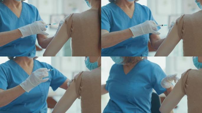 4k视频片段，一名无法识别的护士在诊所为患者提供了Covid疫苗