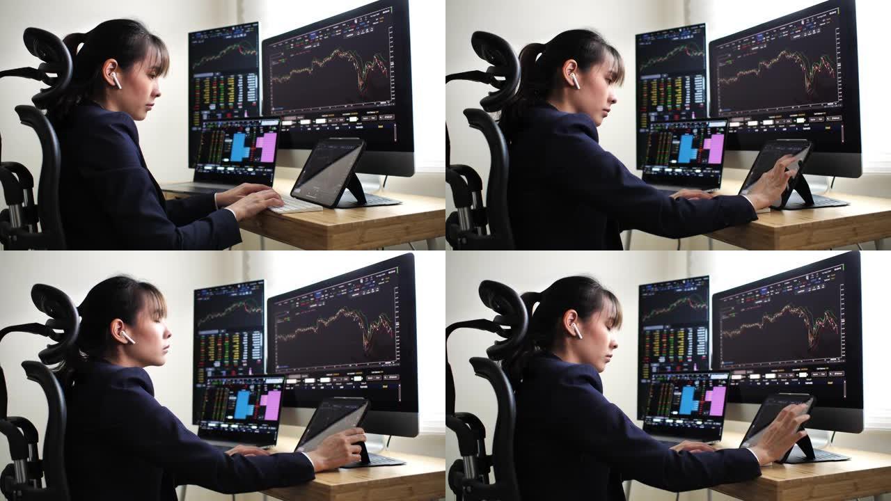 女商人在监控室分析股票市场数据