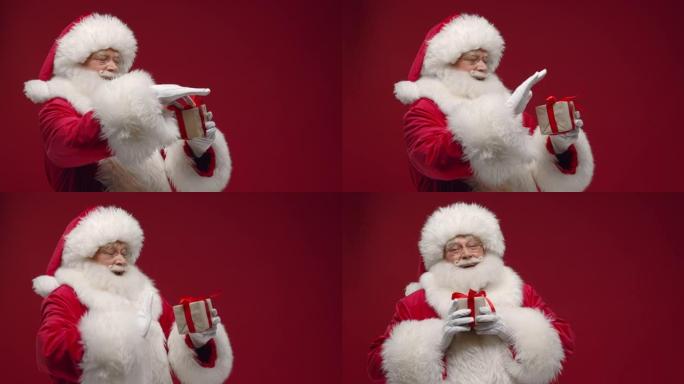 微笑的圣诞老人向我们展示了一个可爱的礼品盒，站在红色背景上，右边是复制品