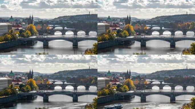 布拉格的老城区和伏尔塔瓦河上的桥梁-延时拍摄