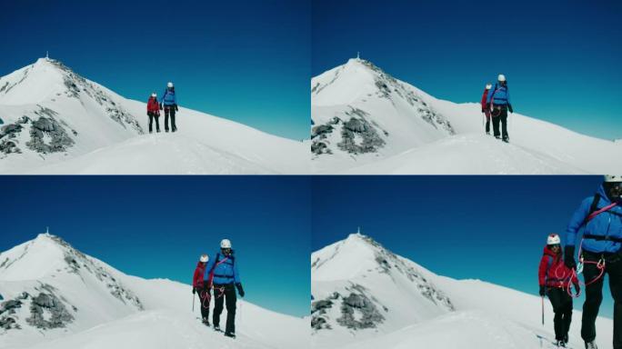 在山上徒步旅行外国人爬雪山冬季景色