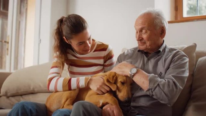 一名高级男子和他的女儿抚摸躺在他们腿上的家犬的肖像。他们坐在沙发上聊天。周末访问期间的幸福和感情时刻