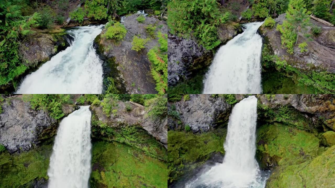 森林中壮丽瀑布的鸟瞰图。美国俄勒冈州
