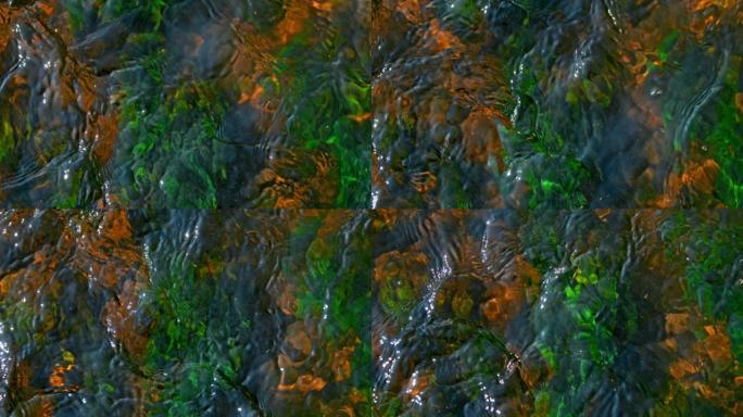 超级SLO MO水沿着一条河流下，地面上有许多绿色和棕色的大块石头