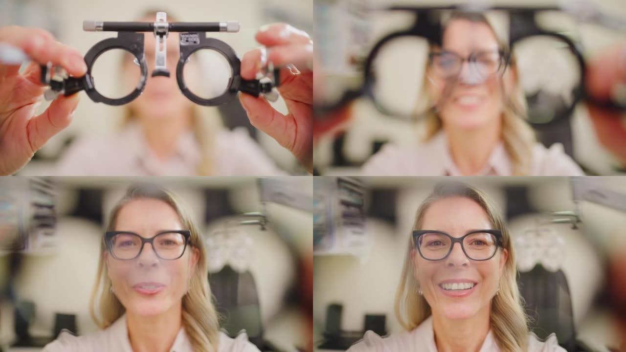 验光师在眼科诊所使用通用的messbrille phoropter工具测试眼睛。特写医疗保健专业人员