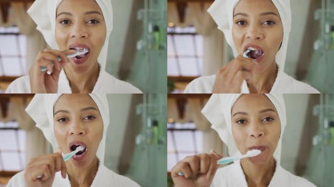 混血女子刷牙的肖像