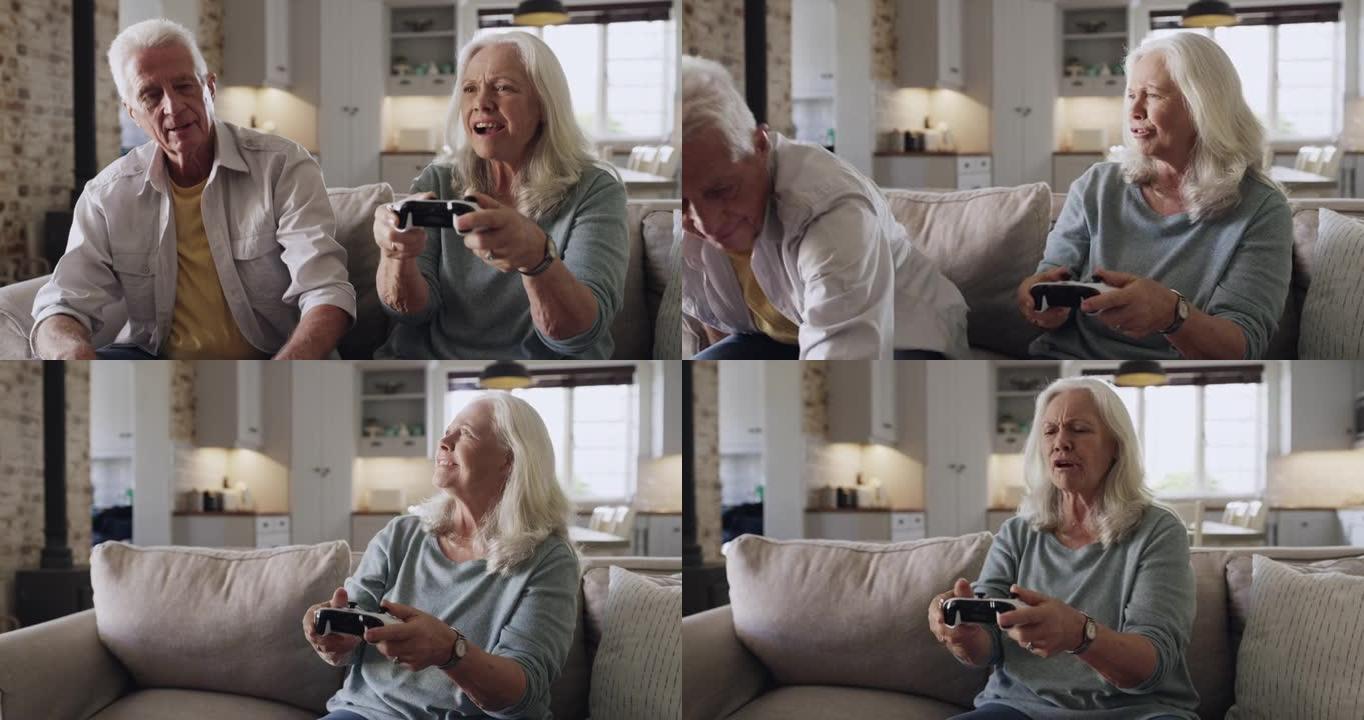 一对高级夫妇在家一起玩电子游戏的4k视频片段