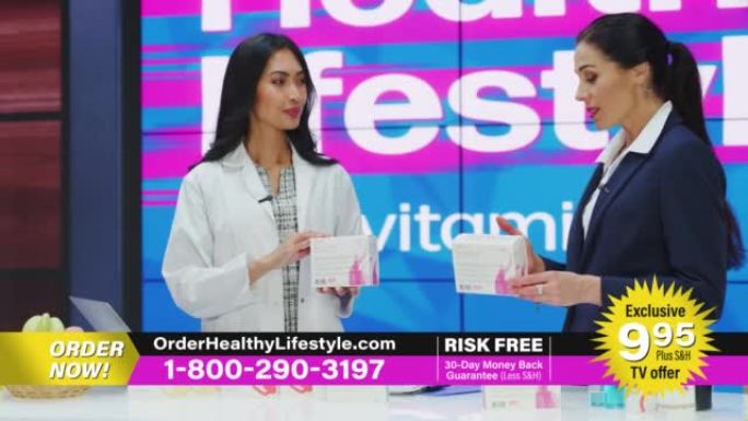 电视脱口秀美容产品商业广告: 两位女性专业主持人和专家医生讨论健康产品，保健补品，化妆品。播放电视商